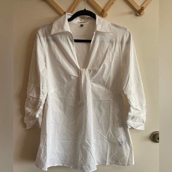 Adrienne Vittadini White Collared Babydoll Collared Blouse Shirred Sleeves Small - Picture 3 of 9